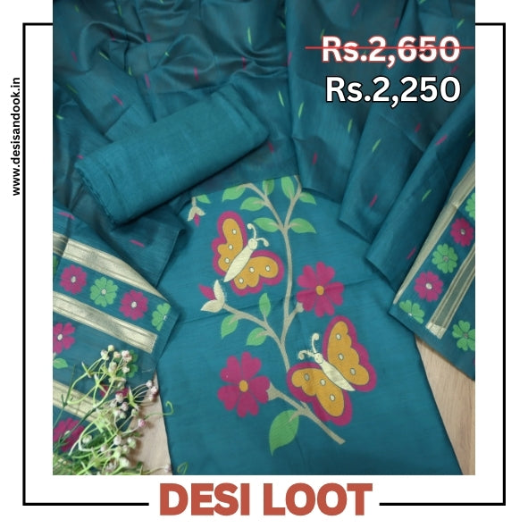 Ishika Cerulean Teal All Over Authentic and Floral Jamdani Weaved Hem Chanderi Set
