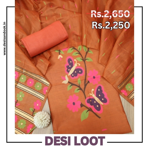 Ishika Rust Orange All Over Authentic and Floral Jamdani Weaved Hem Chanderi Set