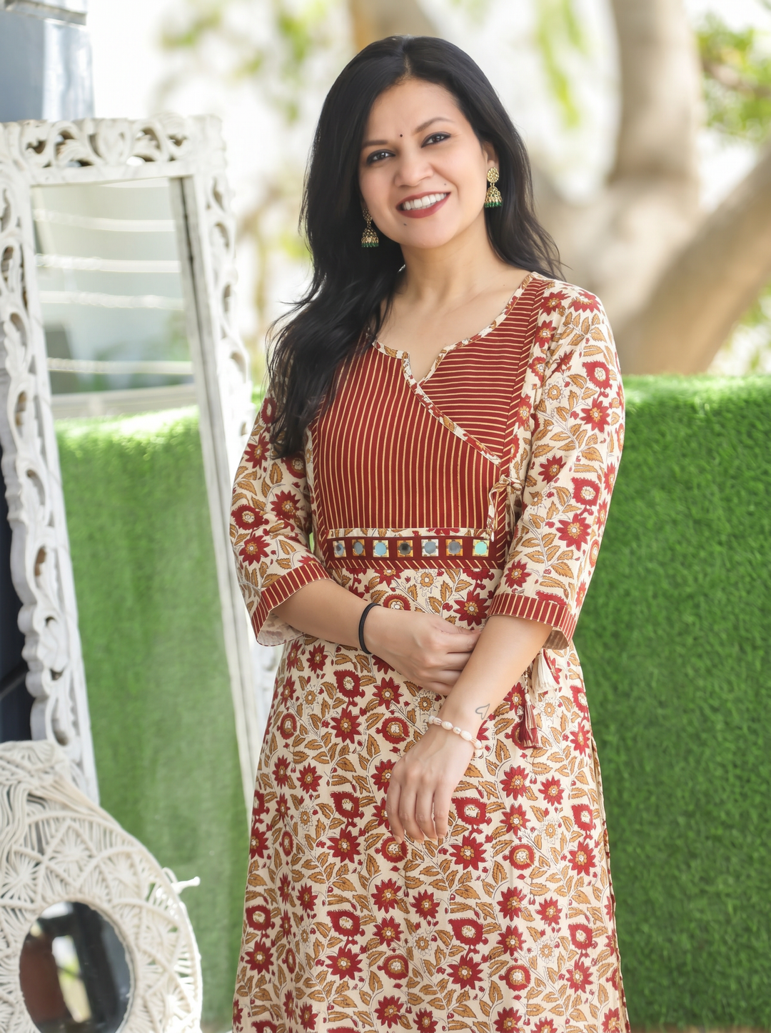 Jugni Beige Rust Stripe Angrakha Yoke Kalamkari Cotton Kurti