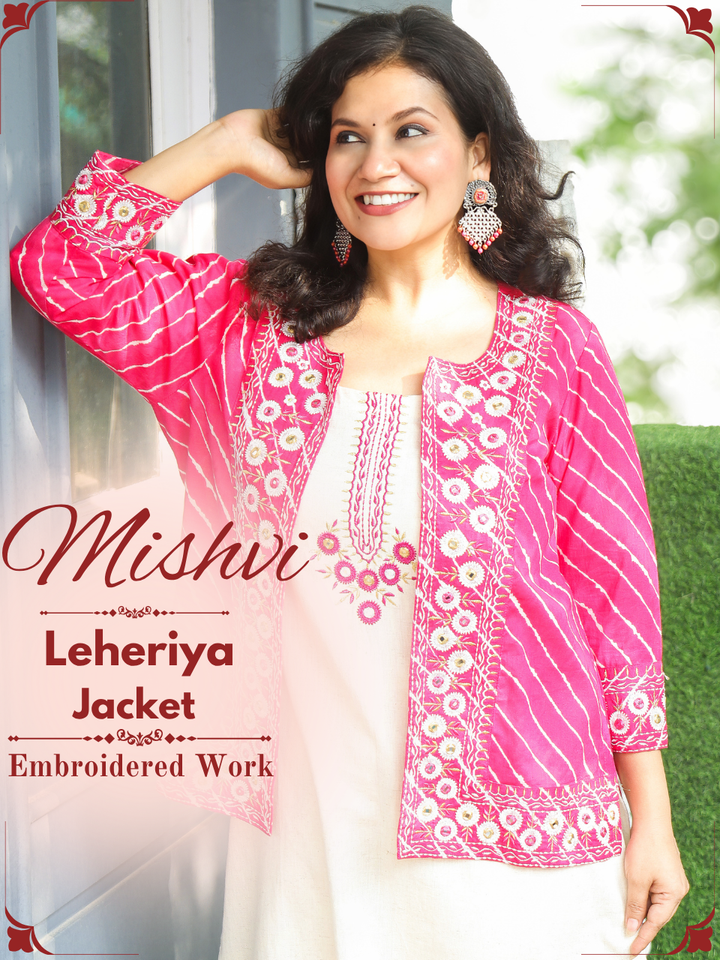 Mishvi Pink Leheriya Printed Embroidered Jacket