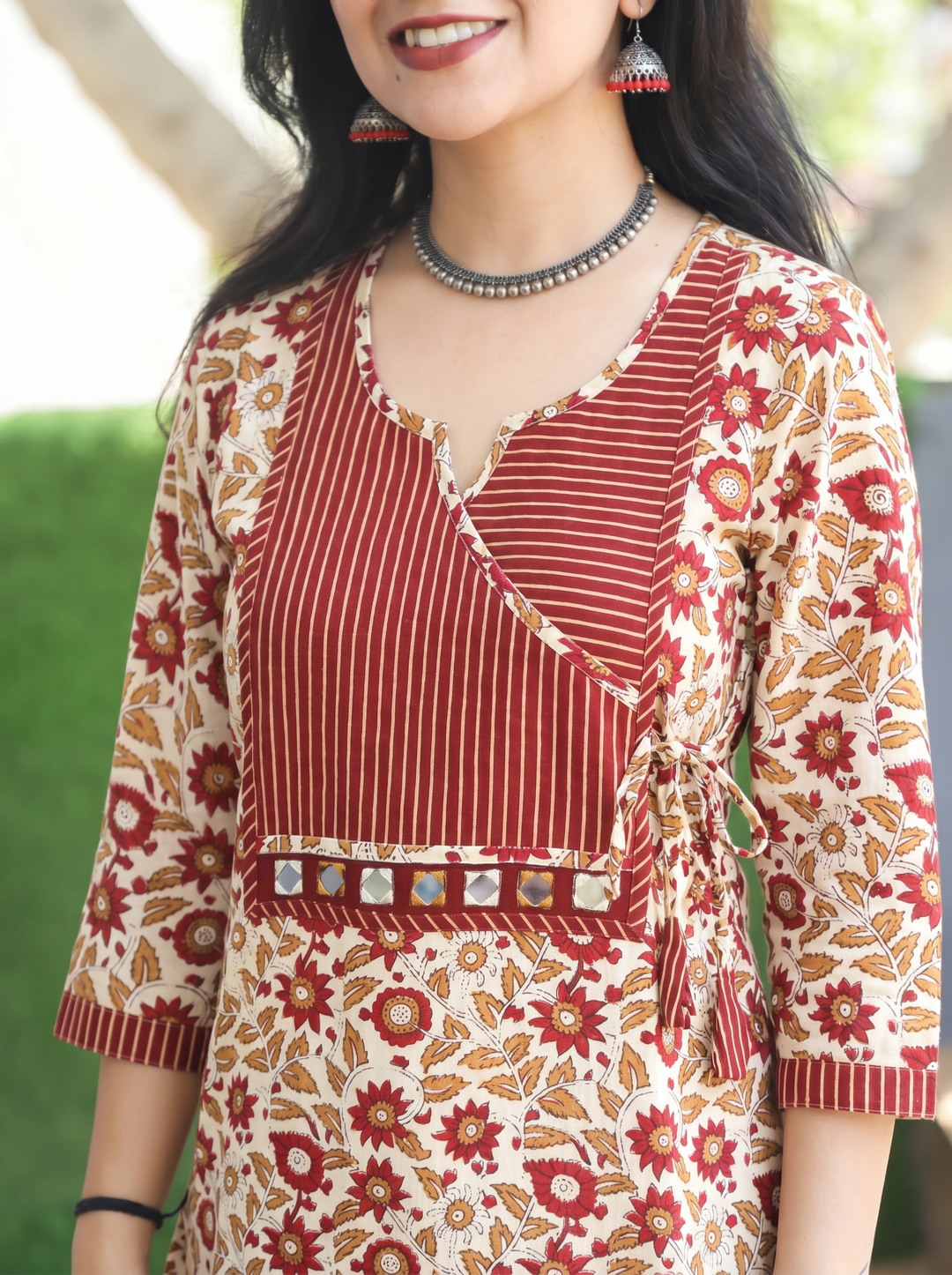 Jugni Beige Rust Stripe Angrakha Yoke Kalamkari Cotton Kurti