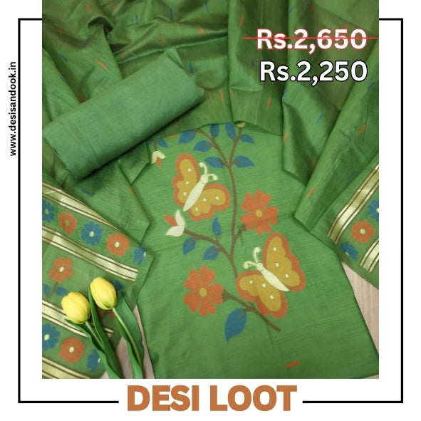 Ishika Grass Green All Over Authentic and Floral Jamdani Weaved Hem Chanderi Set