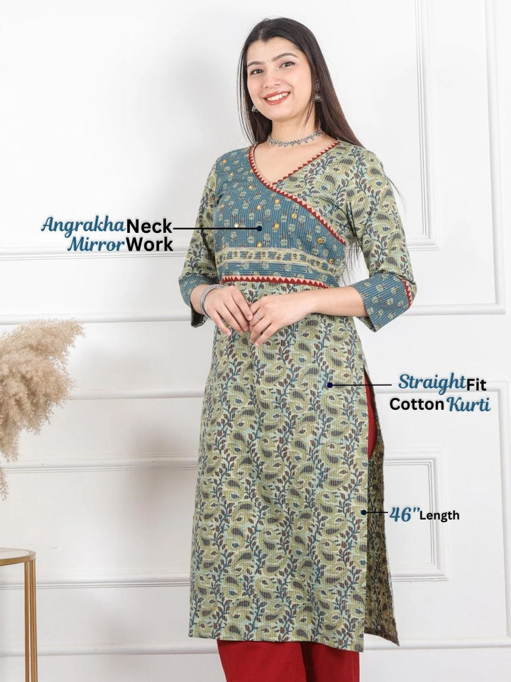 Hanniyaan Carnation Green Angrakha Neck Work Kantha Cotton Kurti
