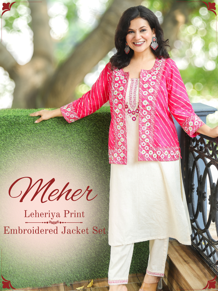Meher Beige with Pink Leheriya Print Cotton Jacket Set