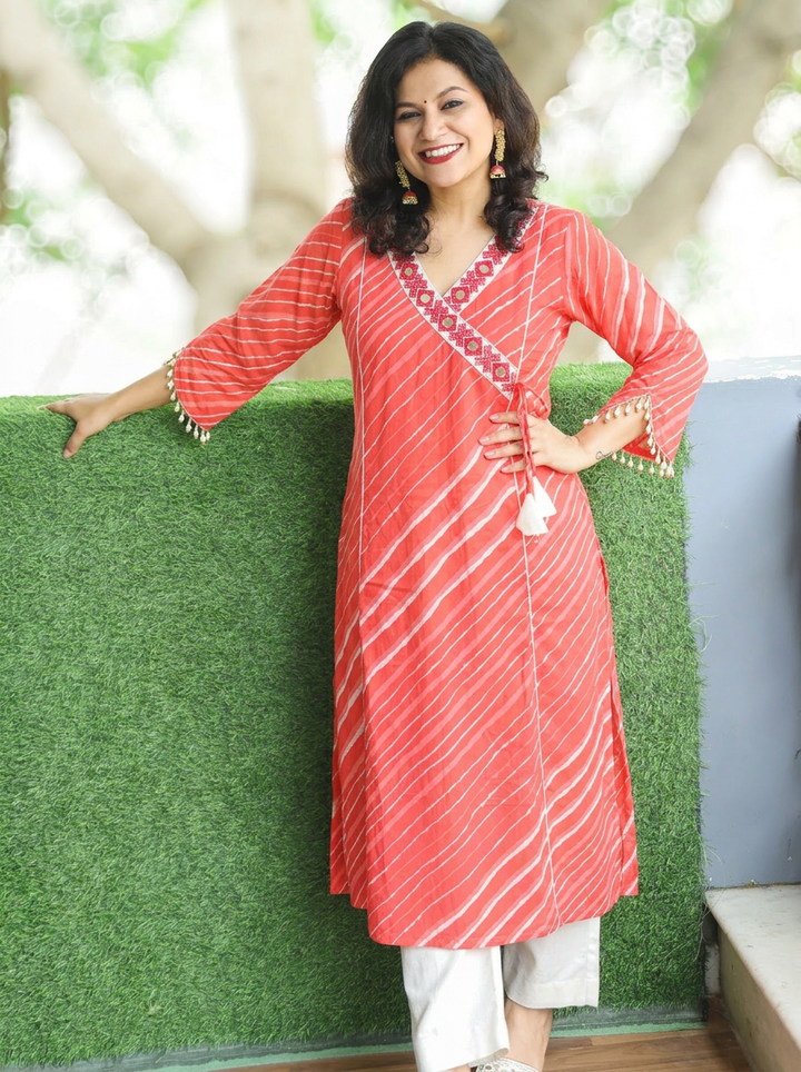 Lehar Rose Pink Panel Style Leheriye Cotton Kurti