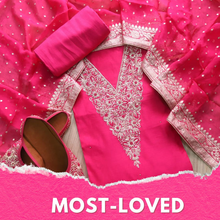 Aatish Rani Pink Embellished Neck Work Chanderi Suit Set with Noor Jutti