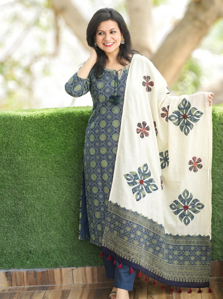 Jessica Cerulean Blue Ajrak Print Cotton 3 Piece Set