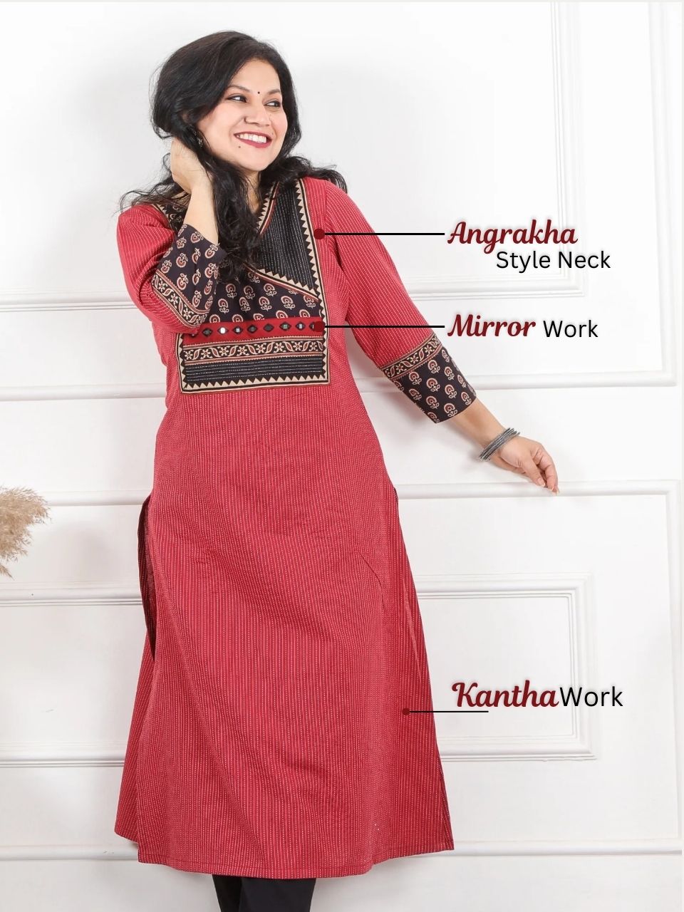 Hanniyaan Apple Maroon Angrakha Neck Work Kantha Cotton Kurti-D1