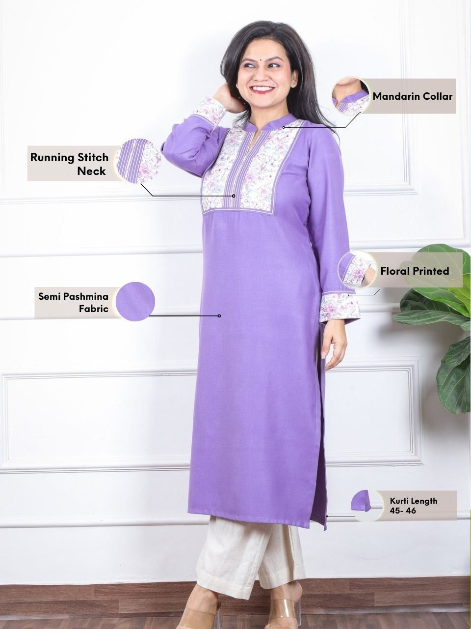 छाया Periwinkle Lilac Floral Printed Patch in Semi Pashmina Winter Kurti