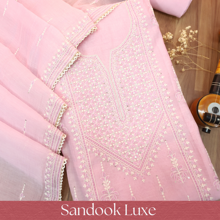 Jeevika Tulip Pink Embroidered Panel Mul Chanderi Set