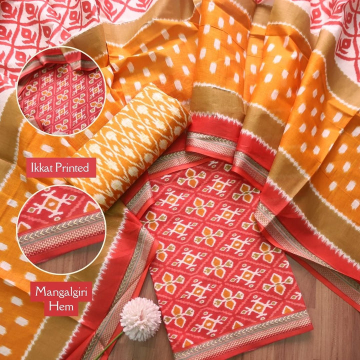 Kaasvi Barn Red Ikkat Printed Mangalgiri Hem Work Cotton Suit Set D2