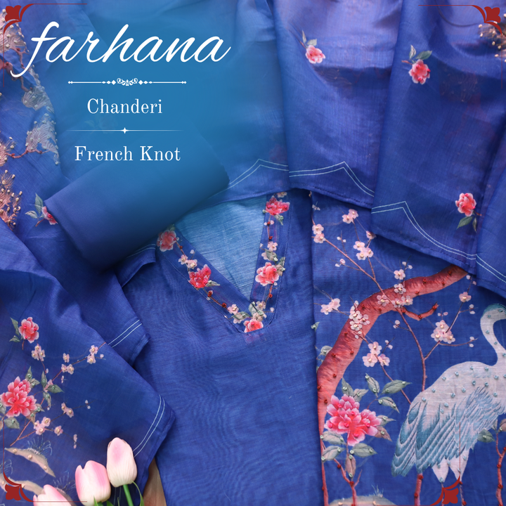 Farhana Royal Blue French Knot Work Printed Hem Chandert Set