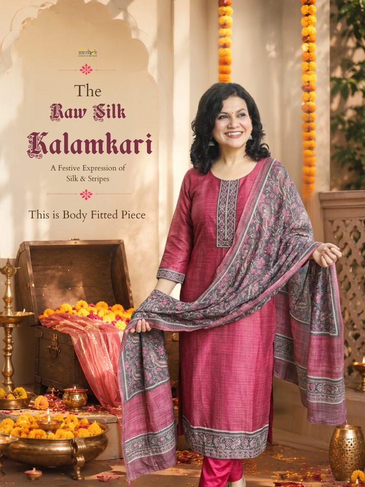 Sushma Blush Pink Mirror Work Patch Raw Silk 3 Piece Set