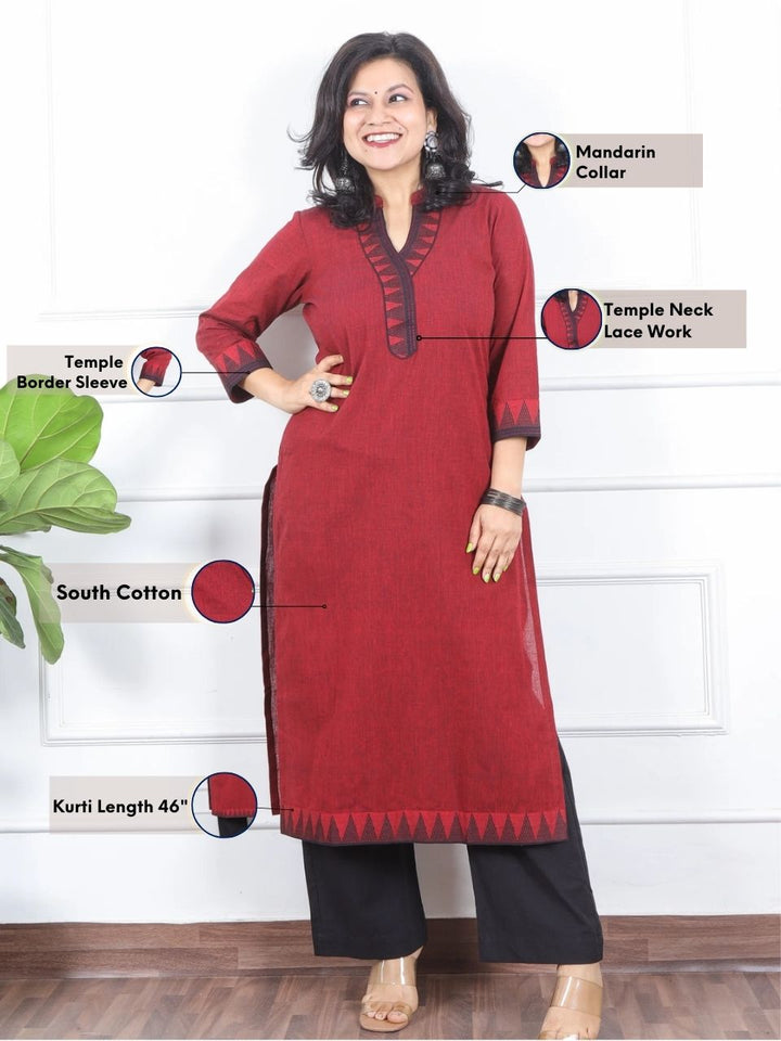 Kranti Blood Red Temple Print Neck Lace Work South Cotton Kurti