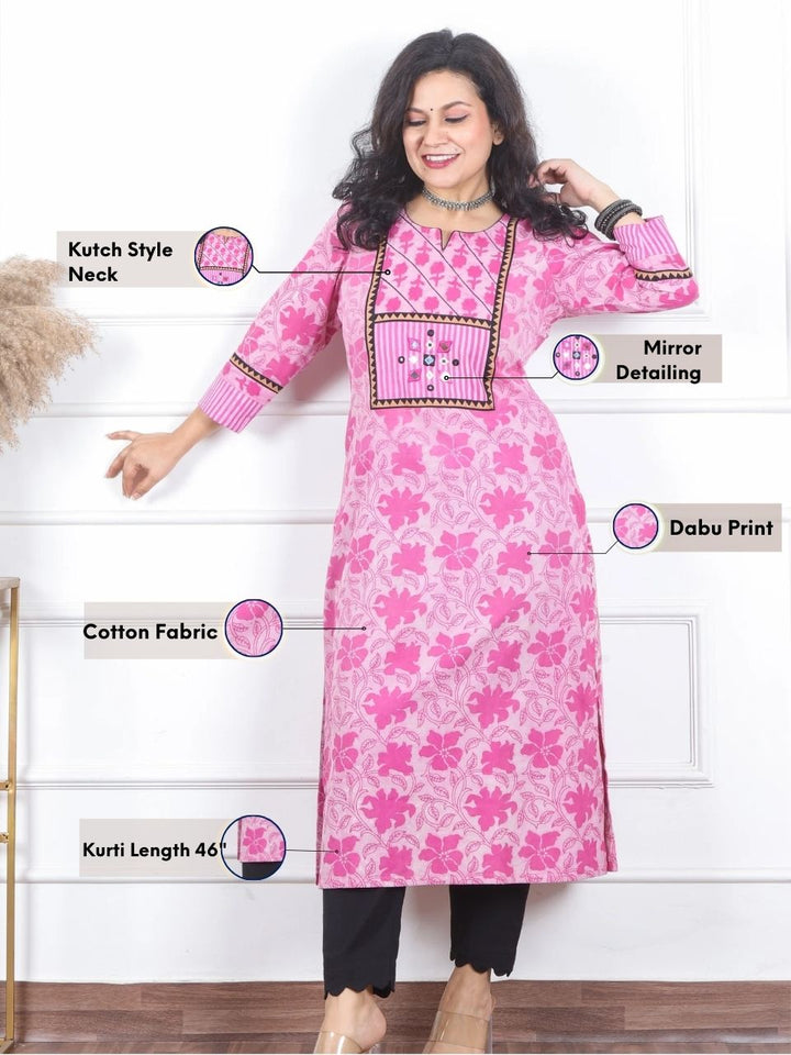 Kranti Rosy Pink in Mirror Work Detailing Neck Dabu Print Cotton Kurti