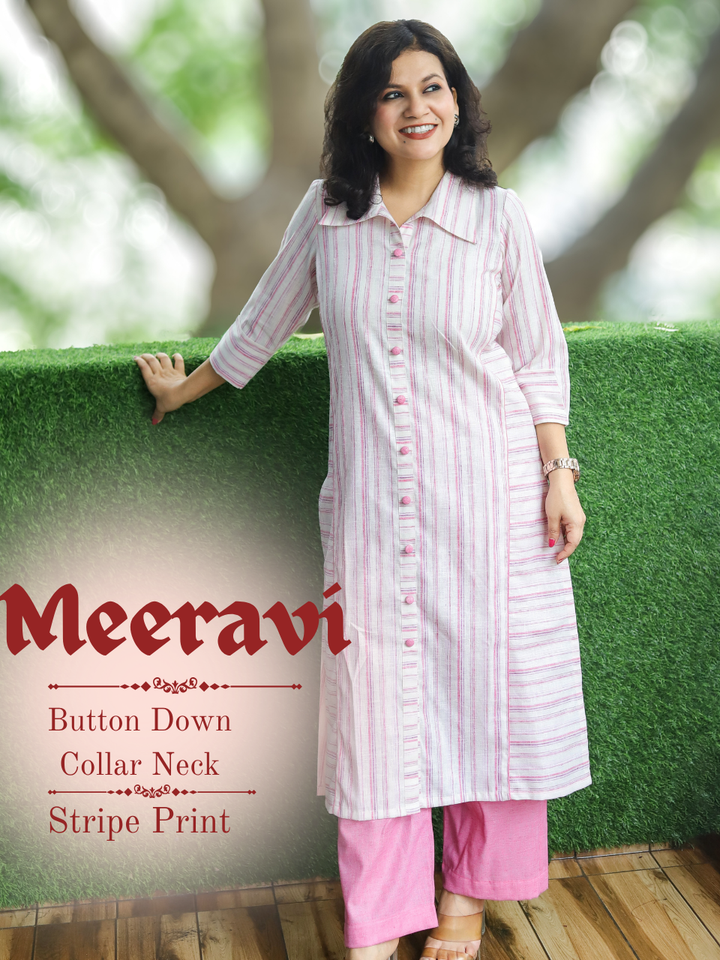 Meeravi White Lilac Stripe Print Cotton Co-ord Set