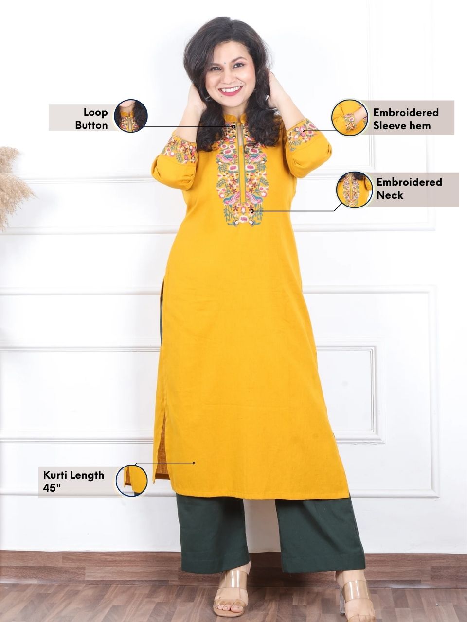 Khawb Amber Yellow Floral Thread Embroidered Neck Cotton Flex Kurti