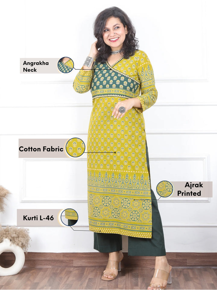 Shaniya Lemon Yellow Angrakha Neck Style Ajrak Printed Cotton Kurti