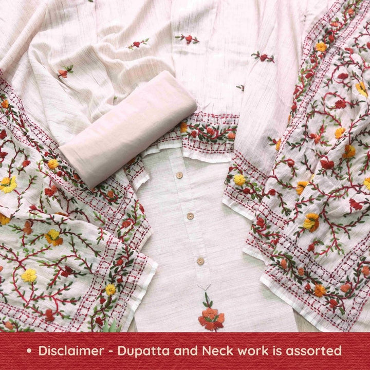 Zeenat Butternut Grey with Floral Thread Work Khadi Cotton Suit Set-D4