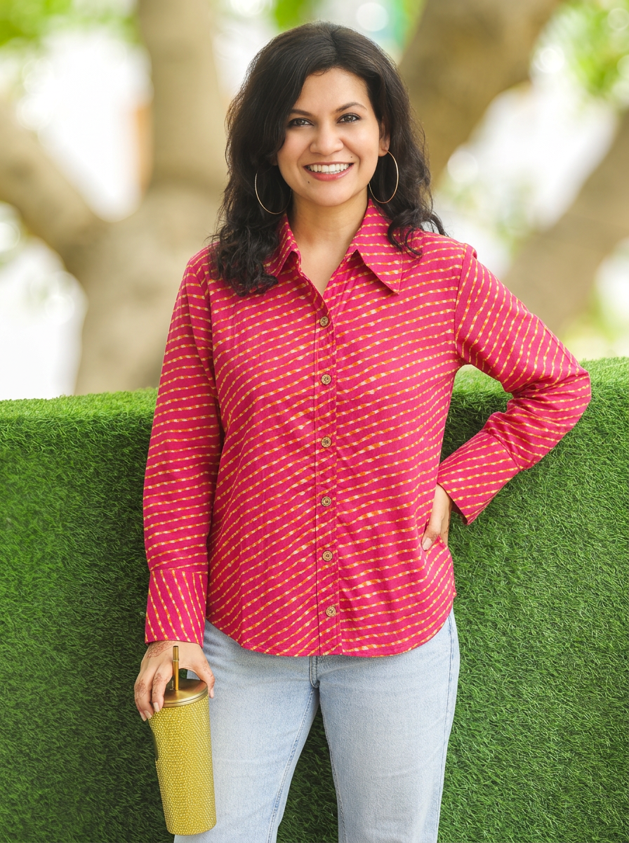 Leher Rani Red Leheriya Print Wood Button Cotton Shirt