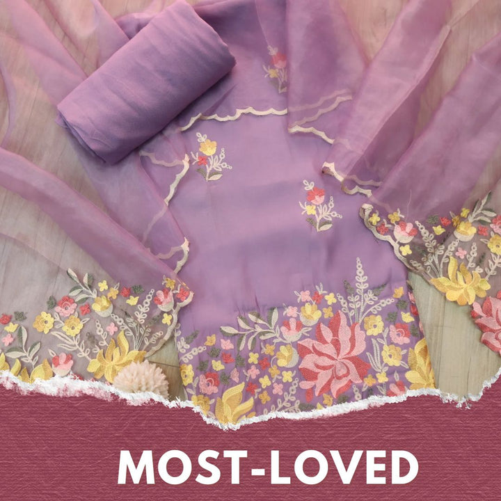 Rivva Lavender Purple with Kashida Embroidered Hem Modal Suit Set