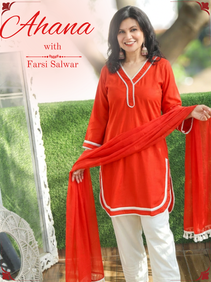 Ahana Reddish Orange Lace Work Farsi Cotton 3 Piece Set