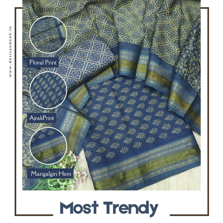 इश्कखुमारी Royal Blue Printed Work With Mangalgiri Hem Cotton Set