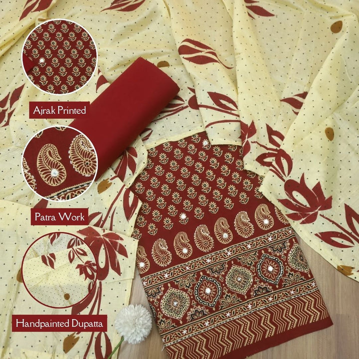 Aayena Berry Red Patra Detailing in Ajrak Printed Cotton Suit Set D1