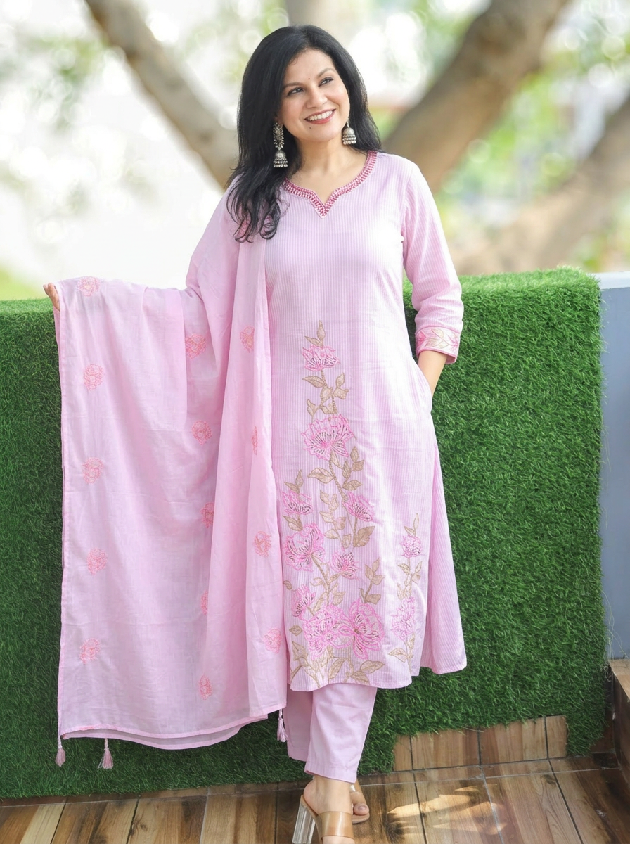 Surbhi Lavender Embroidered Hem Mul Cotton 3 Piece Set