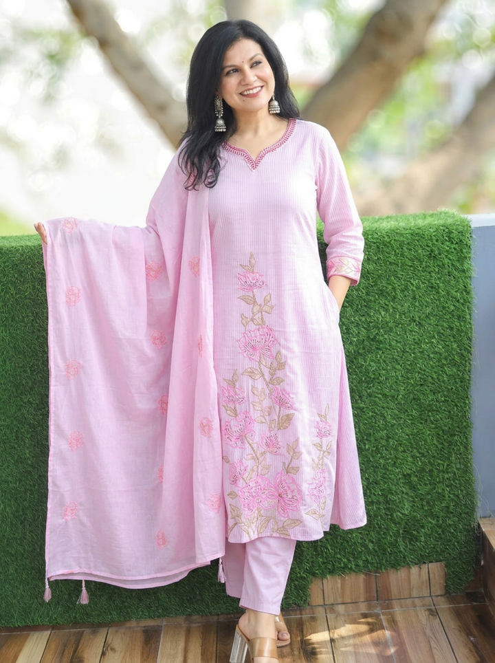 Surbhi Lavender Embroidered Hem Mul Cotton 3 Piece Set