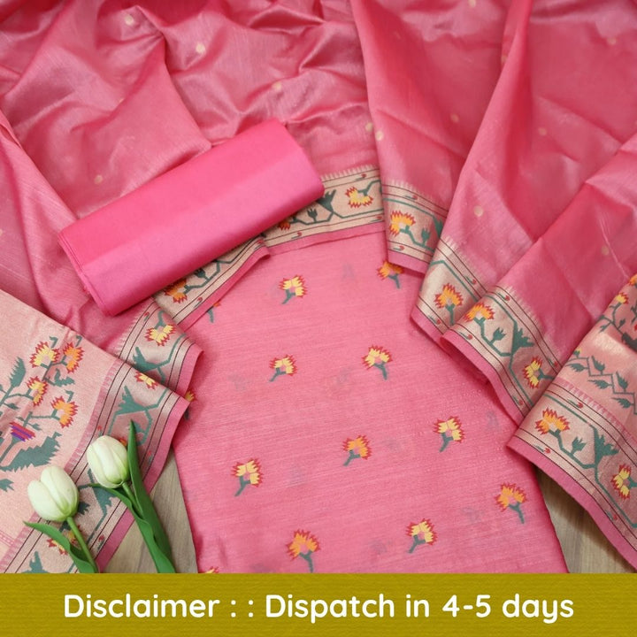 Taruni Pink Jamdani Jacquard Weaved Paithani Inspired Tussar Silk Suit Set