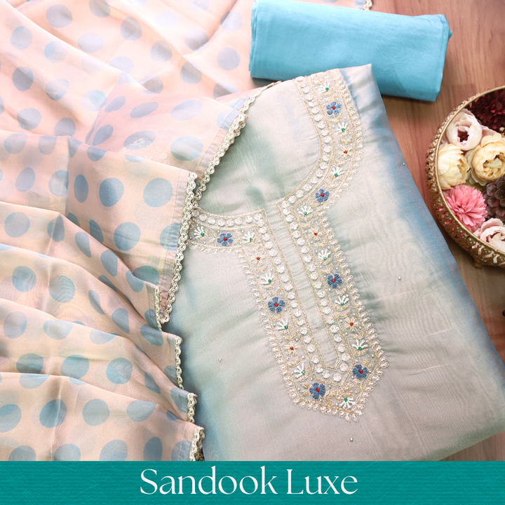 Avinya Chrome Blue Embellished Shimmer Tissue Organza Set
