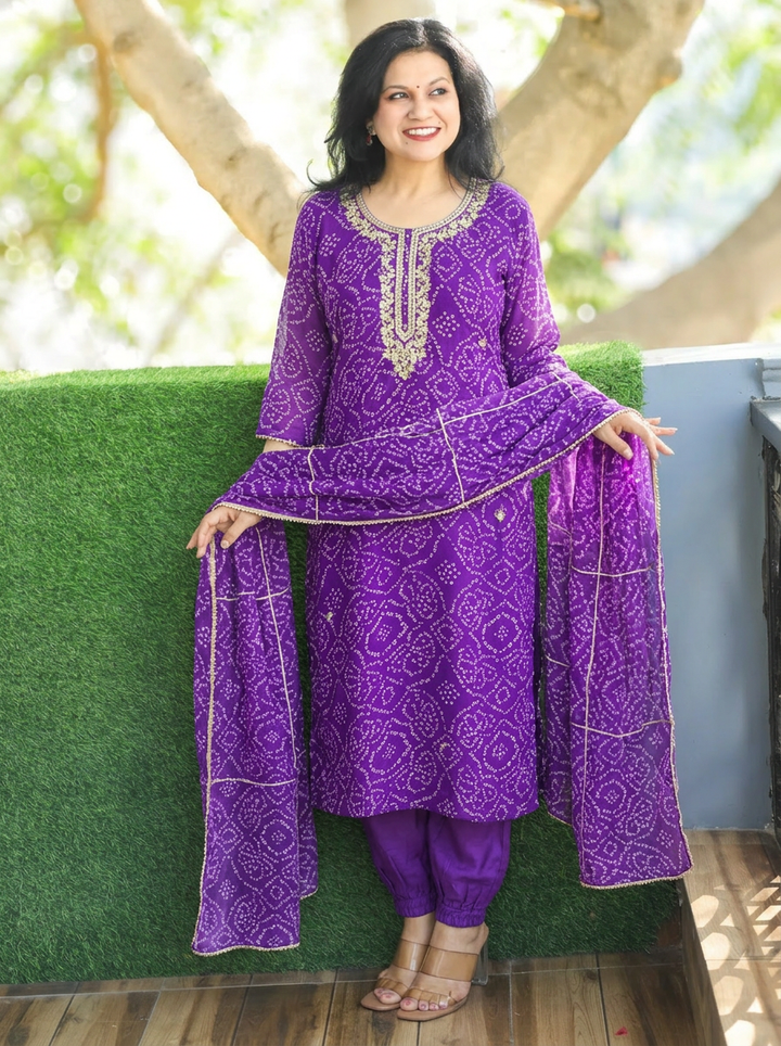 Bahaar Purple Embellished Bandhani Georgette 3 Piece Set