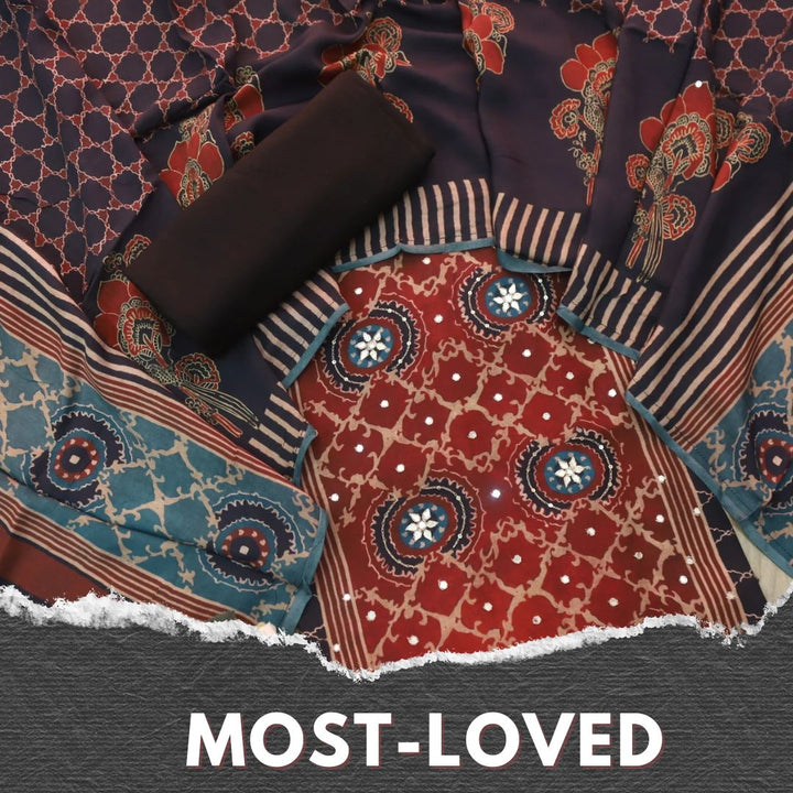 Manzeel Ruby Black Zari with Patra Neck Work Printed Muslin Suit Set