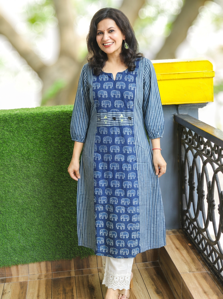 Nisha Blue Mirror Work Gajj Print Panel Cotton Kurti