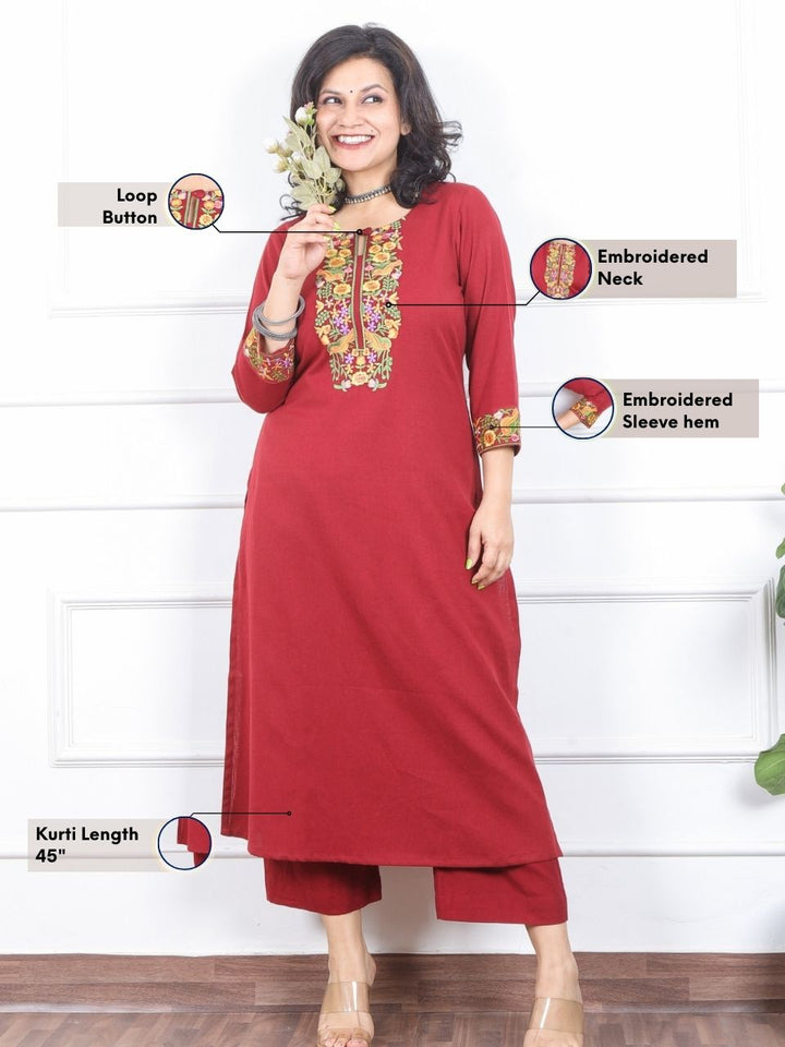 Khawb Ruby Red Floral Thread Embroidered Neck Cotton Flex Kurti