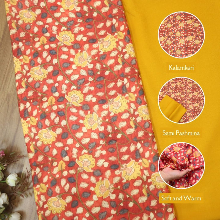 Narzia Orange Kalamkari Print with Yellow Premium Semi Pashmina 2 Piece Fabric Set