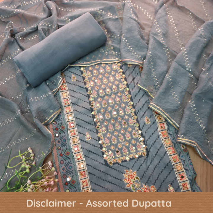 Rahi Fossil Grey Zari and Thread Weaved with Mirror Work Art Silk Suit Set