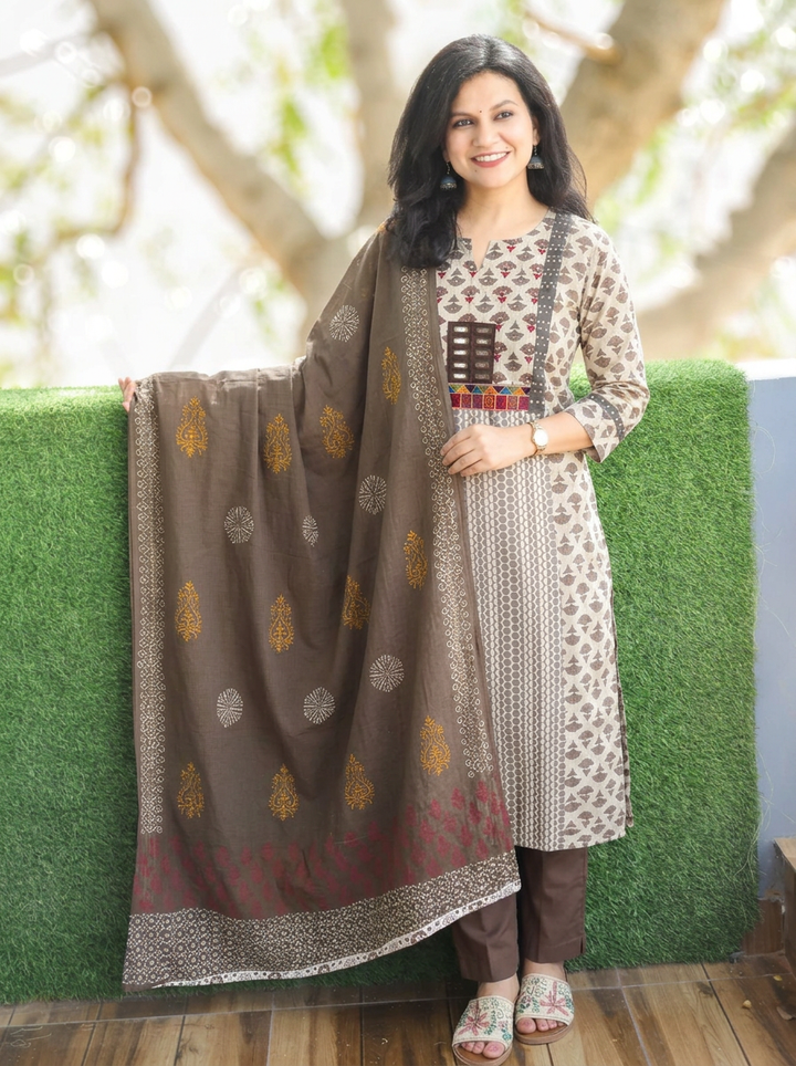 Aishwarya Hazel Beige Panel Style Dabu Printed 3 Piece Set