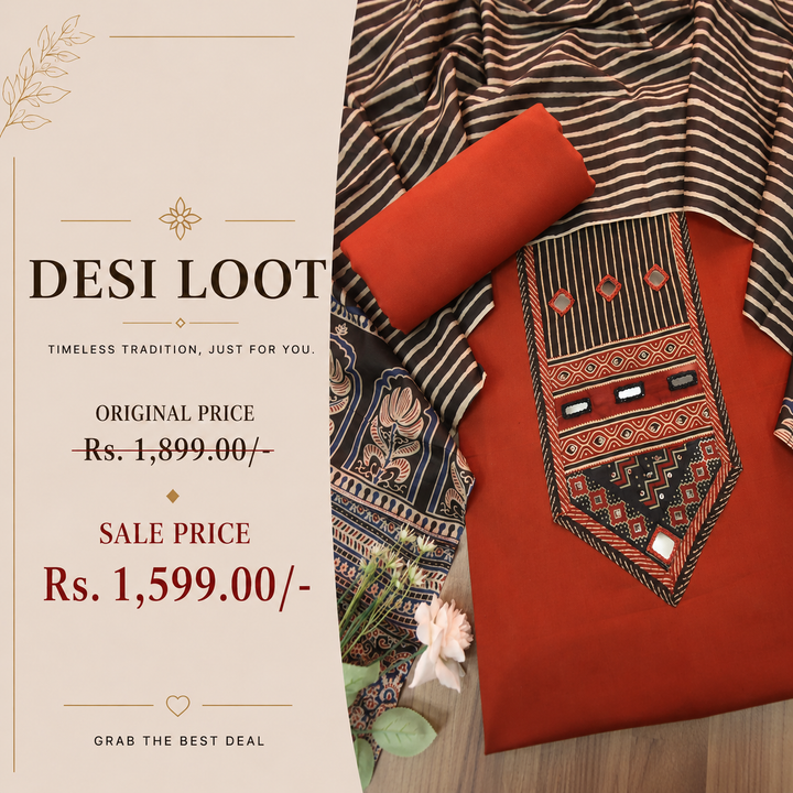 Roopsidhi Apple Red Mirror With Printed Yoke Cotton Set
