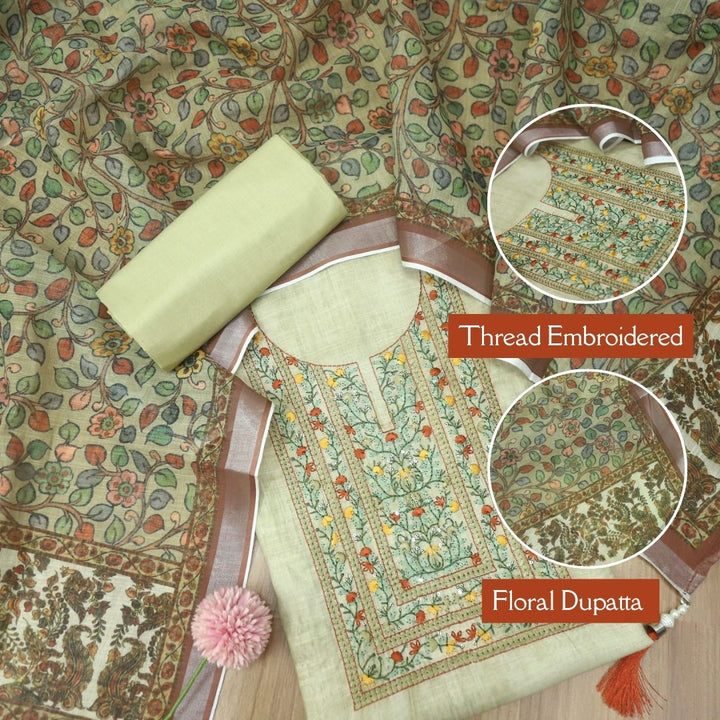 Fanaa Mellow Yellow Thread Embroidered Work Cotton Linen Suit Set