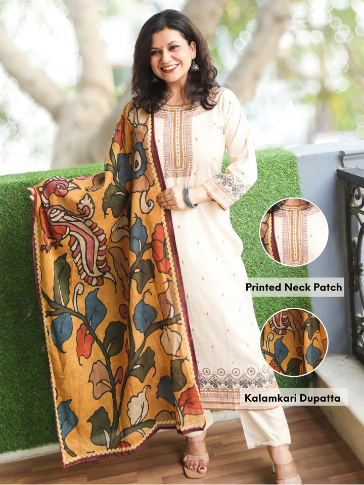 Chanda Rabri Beige Printed Necline with Kantha Detailing Cotton 3 Piece Set
