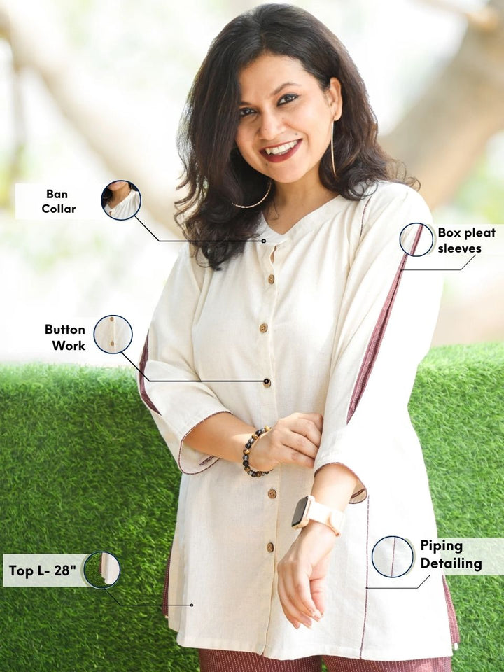 Rani Shell White Ban Collar with Piping and Button Work Short Cotton Shirt