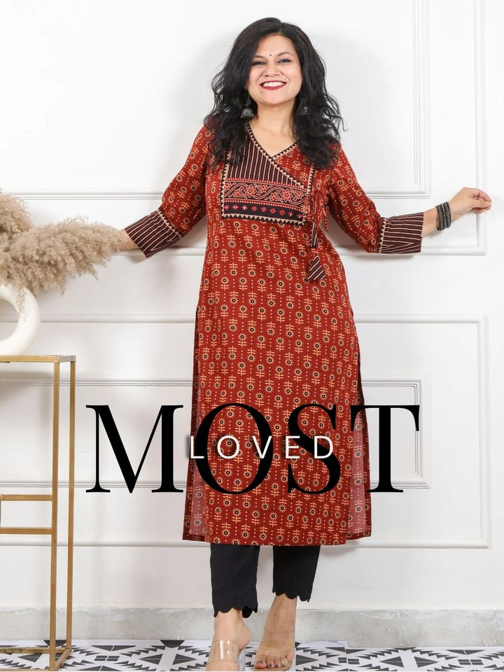 Rooh Ruby Red Angrakha Neck Yock with Printed Cotton Kurti