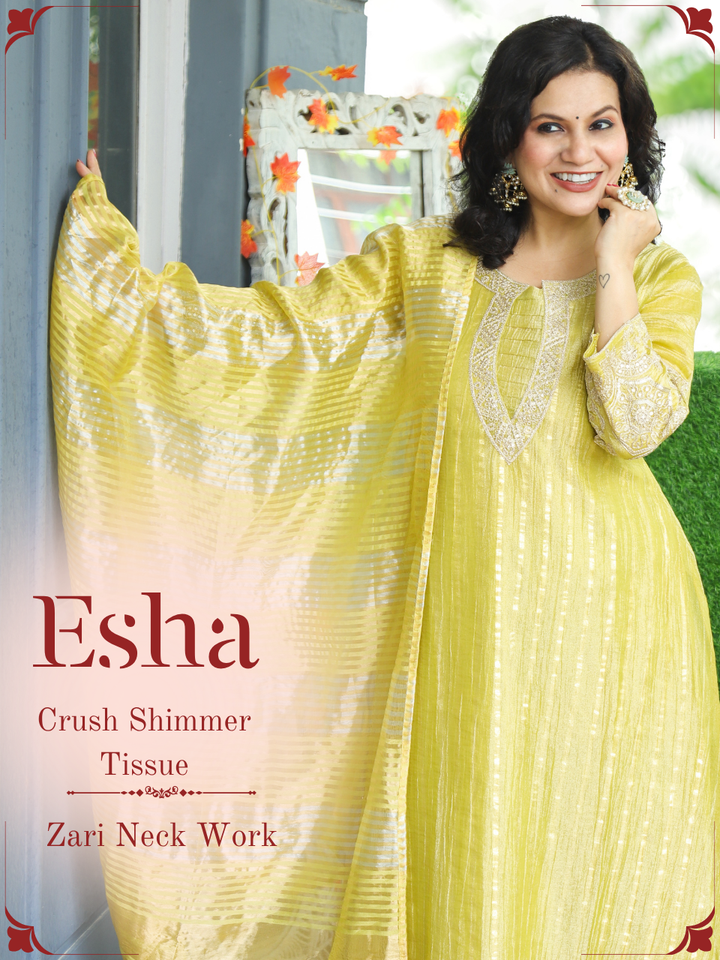 Esha Mustard Yellow Zari work Crush Tissue 3 Piece Set