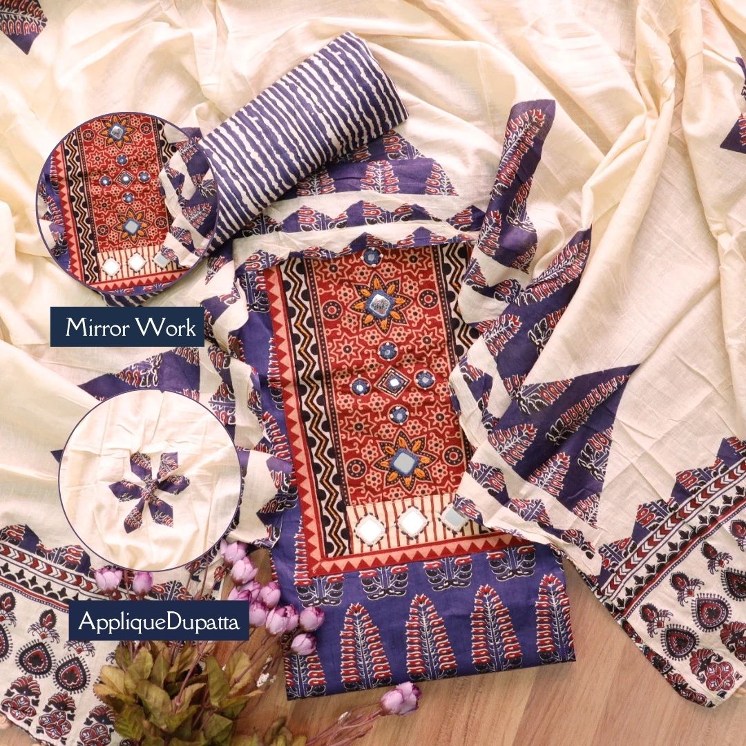 Kakaswi Romaina Blue Mirror with Ajrak Print Patch Work Printed Cotton Suit Set