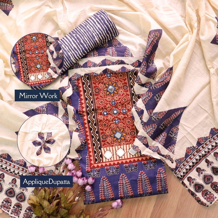 Kakaswi Romaina Blue Mirror with Ajrak Print Patch Work Printed Cotton Suit Set