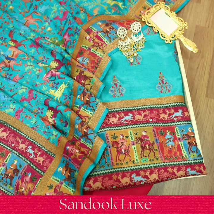 Saraayah Aqua Luxe Pochampally Print in Pogishan Jacquard Weaved Gajji Silk Set