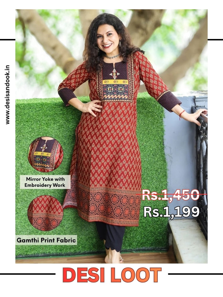 Mohini Barn Red Kutch Mirror Yoke with Embroidery Work Gamthi Print Cotton Kurti-D2