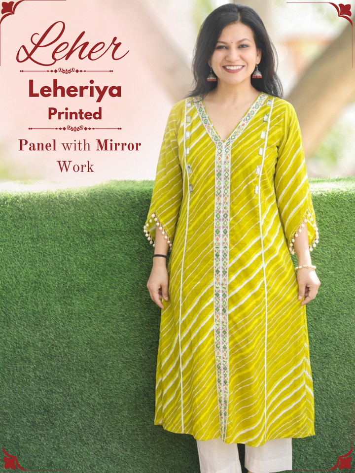 Leher Leaf Green Embroidered Lace Panel Leheriya Cotton Kurti